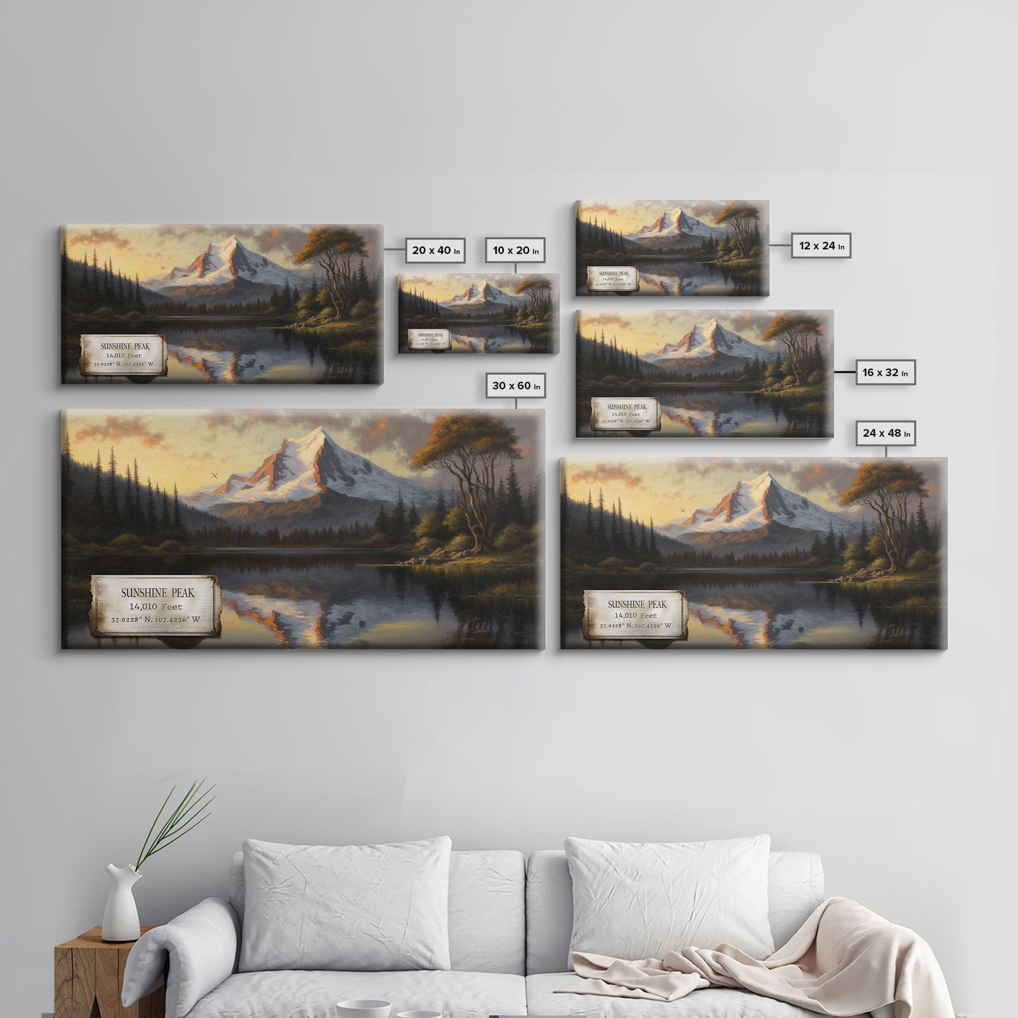 Sunshine Peak, Travel Poster Wall Art, Framed Canvas Print, American Mountains, Mountain Landscape Painting, Mountains of Colorado