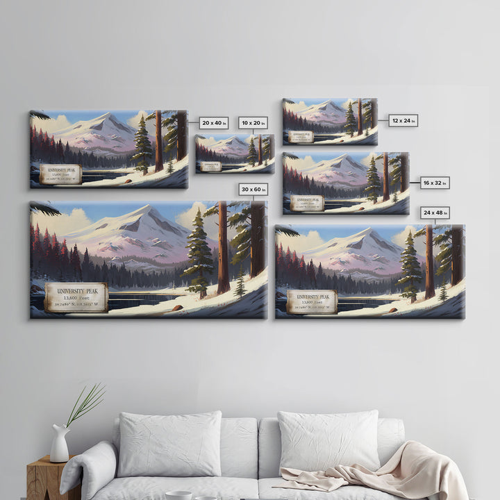 University Peak, Travel Poster Wall Art, Framed Canvas Print, American Mountains, Mountain Landscape Painting, Sierra Nevada Mountains