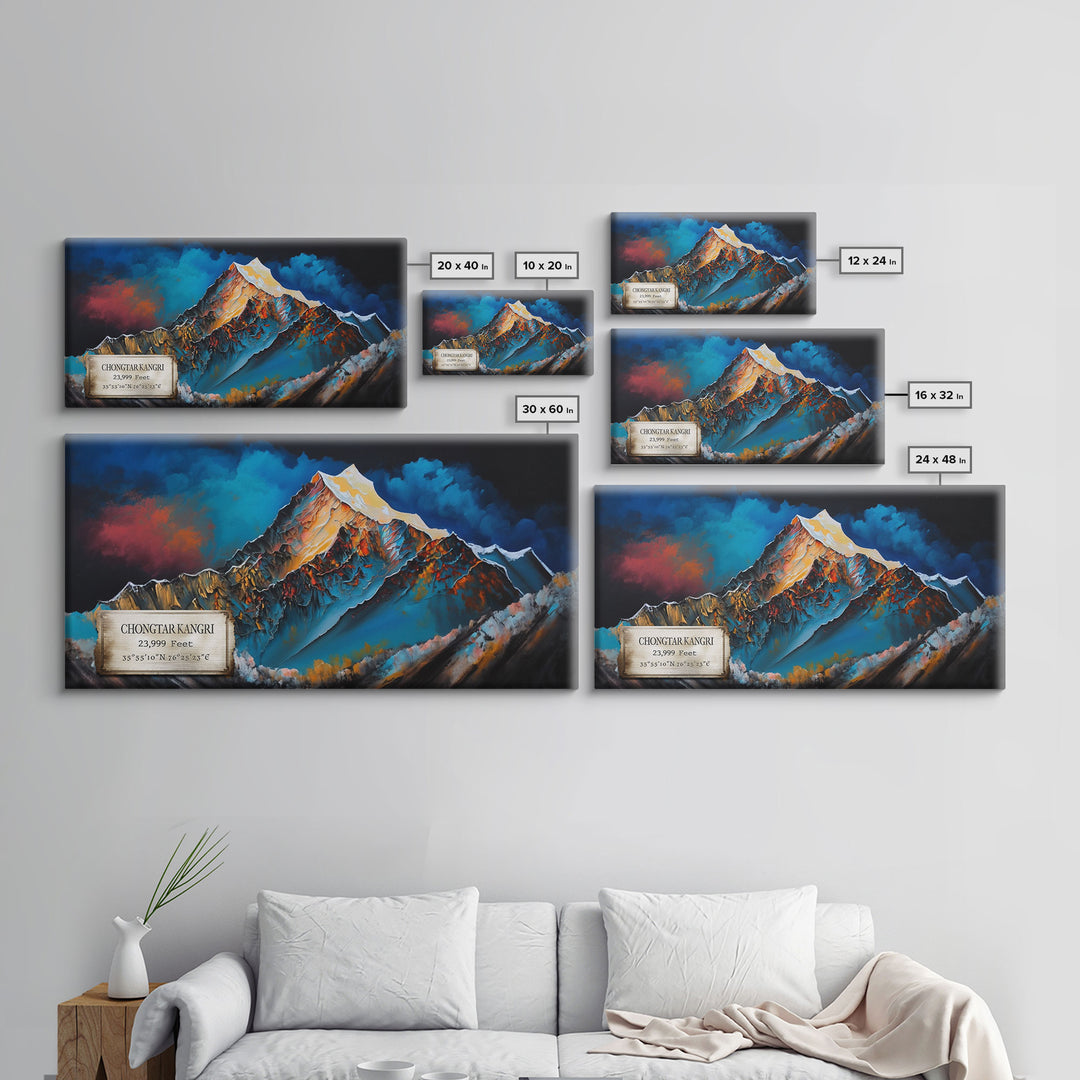 Chongtar Kangri, Travel Poster Wall Art, Framed Canvas Print, Mountain Art, Mountain Landscape Painting