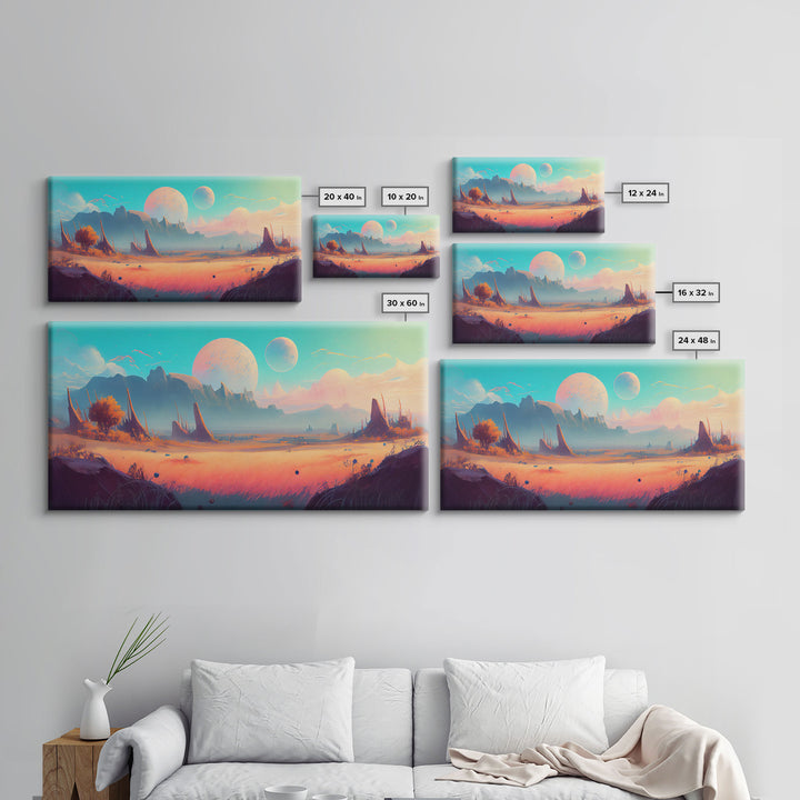 Scifi Landscape Wall Art, Framed Canvas Print, Canvas Art, Two Moon Scifi Planet Watercolor Painting