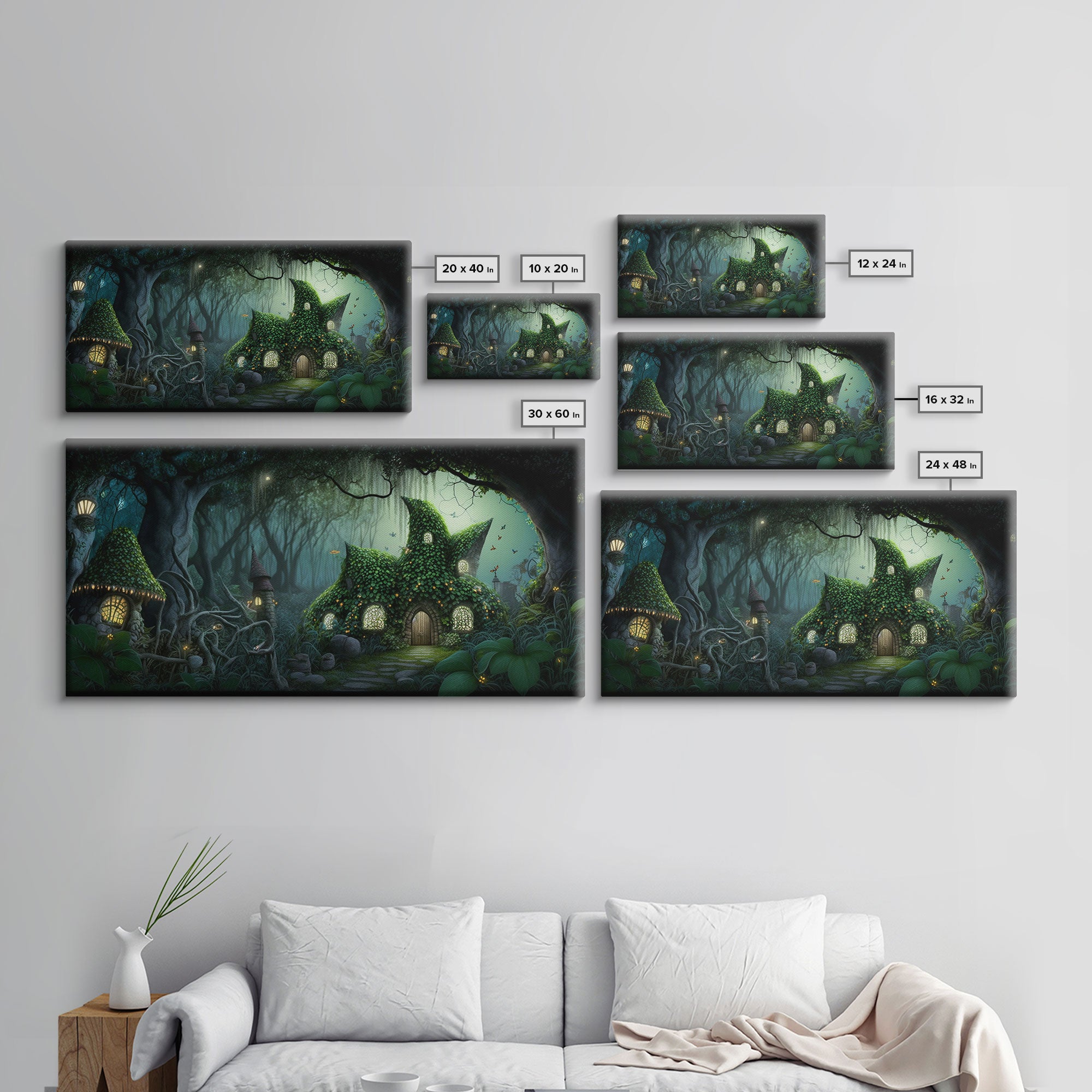 Gnome City, Wall Art, Fantasy Canvas Print, Framed Art, Tiny Gnome Houses On The Forest Floor