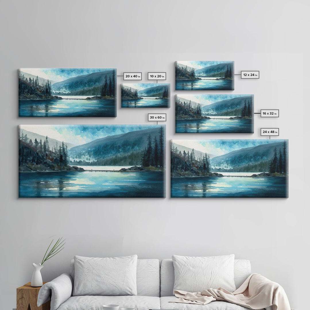 Mountain Lake, Watercolor Landscape Painting Canvas Print - Ready To Hang Large Gallery Wrapped Canvas Wall Art Prints With Floating Frames