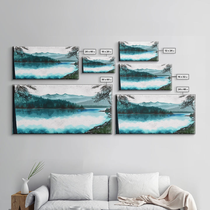 Mountain Lake, Watercolor Landscape Painting Canvas Print - Ready To Hang Large Gallery Wrapped Canvas Wall Art Prints With Floating Frames