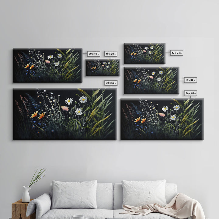 Meadow Flowers, Black Background, Framed Canvas Print, Floral Study Watercolor Painting