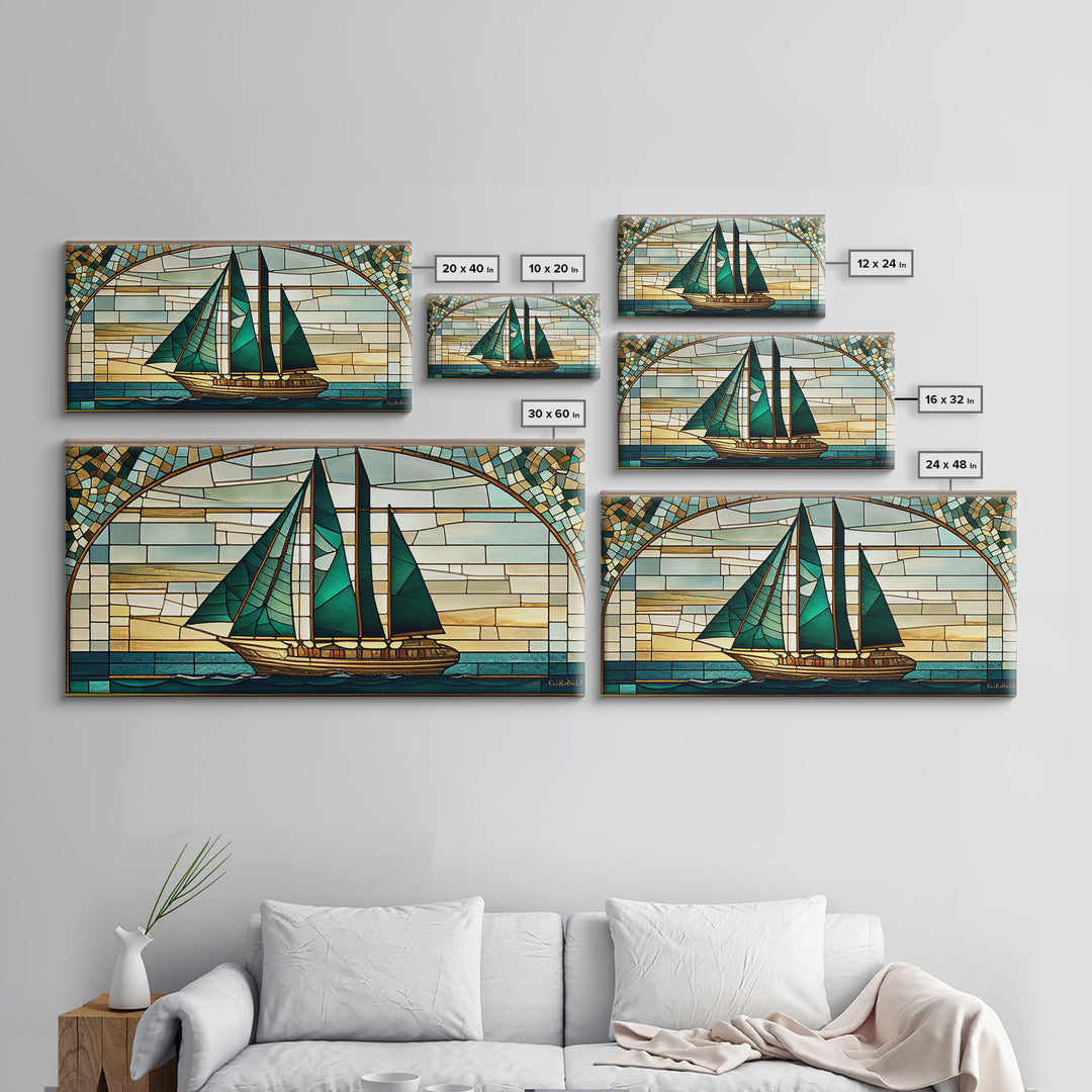 Emerald Green and Gold Art Deco Sail Boat, Framed Canvas Print, Retro MCM Style Wall Art, Midcentury Modern, Stained Glass, Huge Art