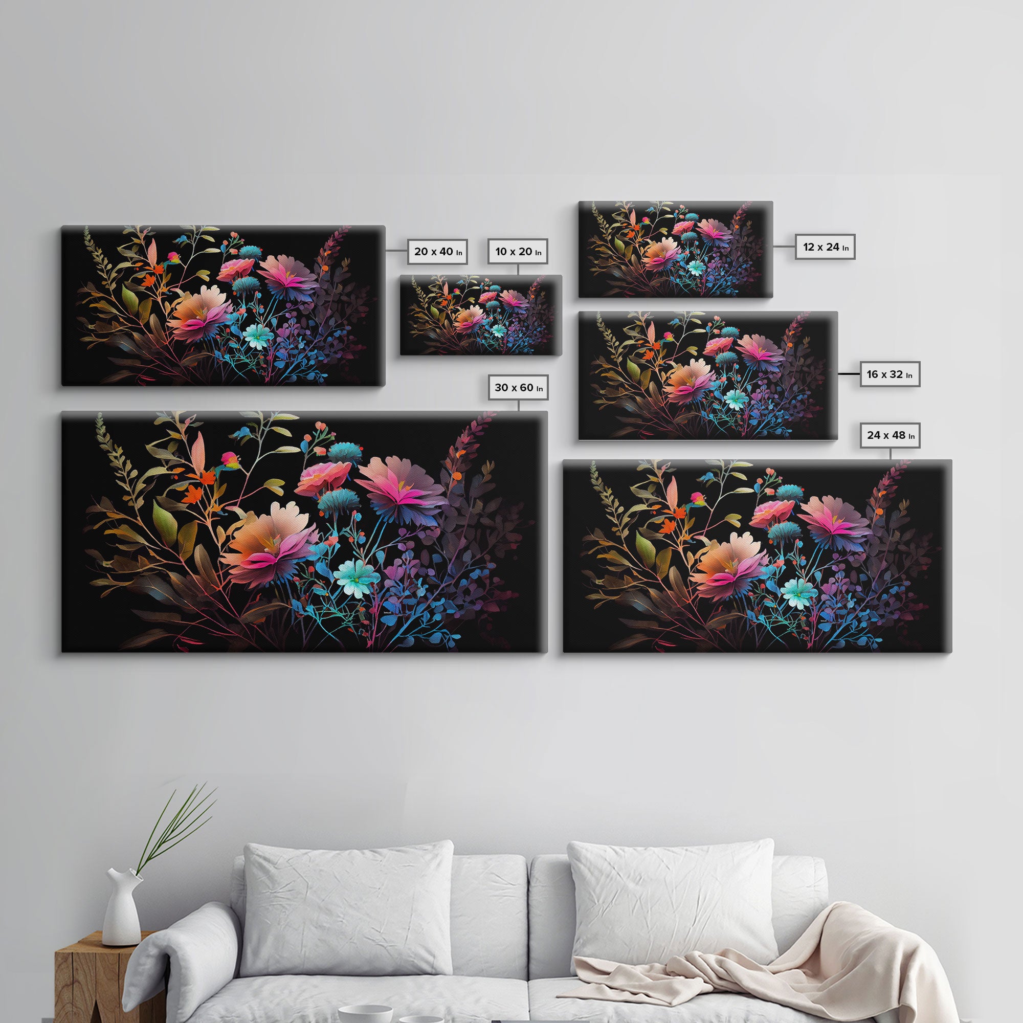 Wild Flower Art, Black Background, Framed Canvas Print, Canvas Art, Mother's Day, Watercolor Painting of Flowers on Canvas, Living Room Art