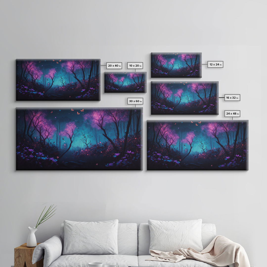 Beautiful forest canvas print Fantasy forest wall art Forest Painting, Framed Art, Glowing Butterflies