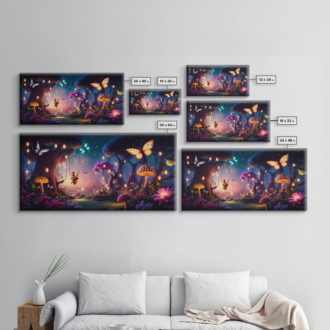 Vibrant Fantasy Forest Wall Art, The Forest Floor, Bioluminescent Glowing Butterflies, Gift, Framed Canvas Print