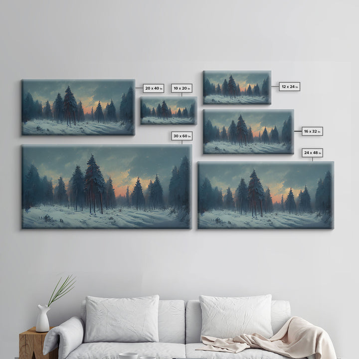 Snowy Forest, Dreamy Landscape Painting Canvas Print, country side, farmhouse decor, beautiful scenic wall art, golden hour