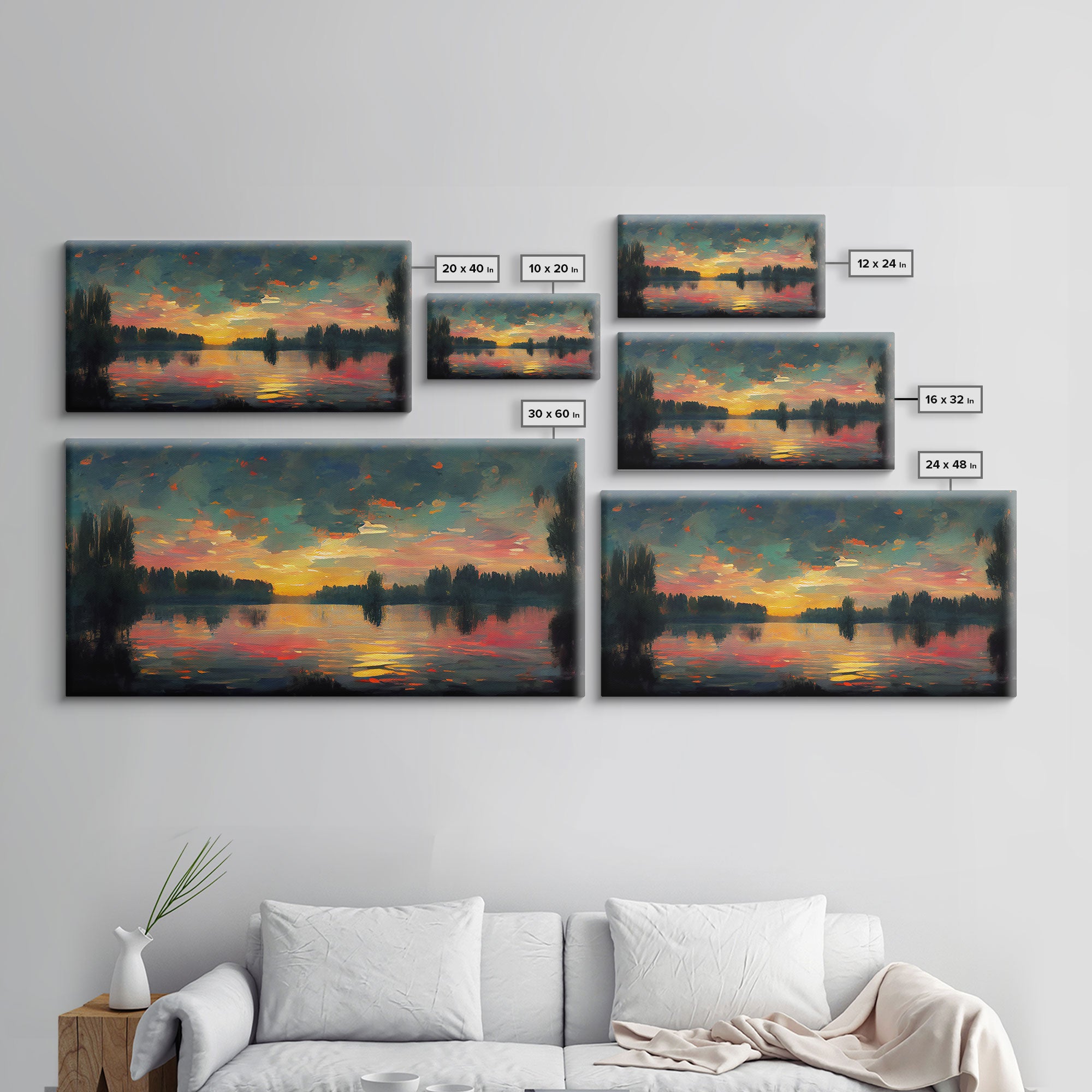 Lakehouse Canvas Print, watercolor painting of a sunset reflected on a lake