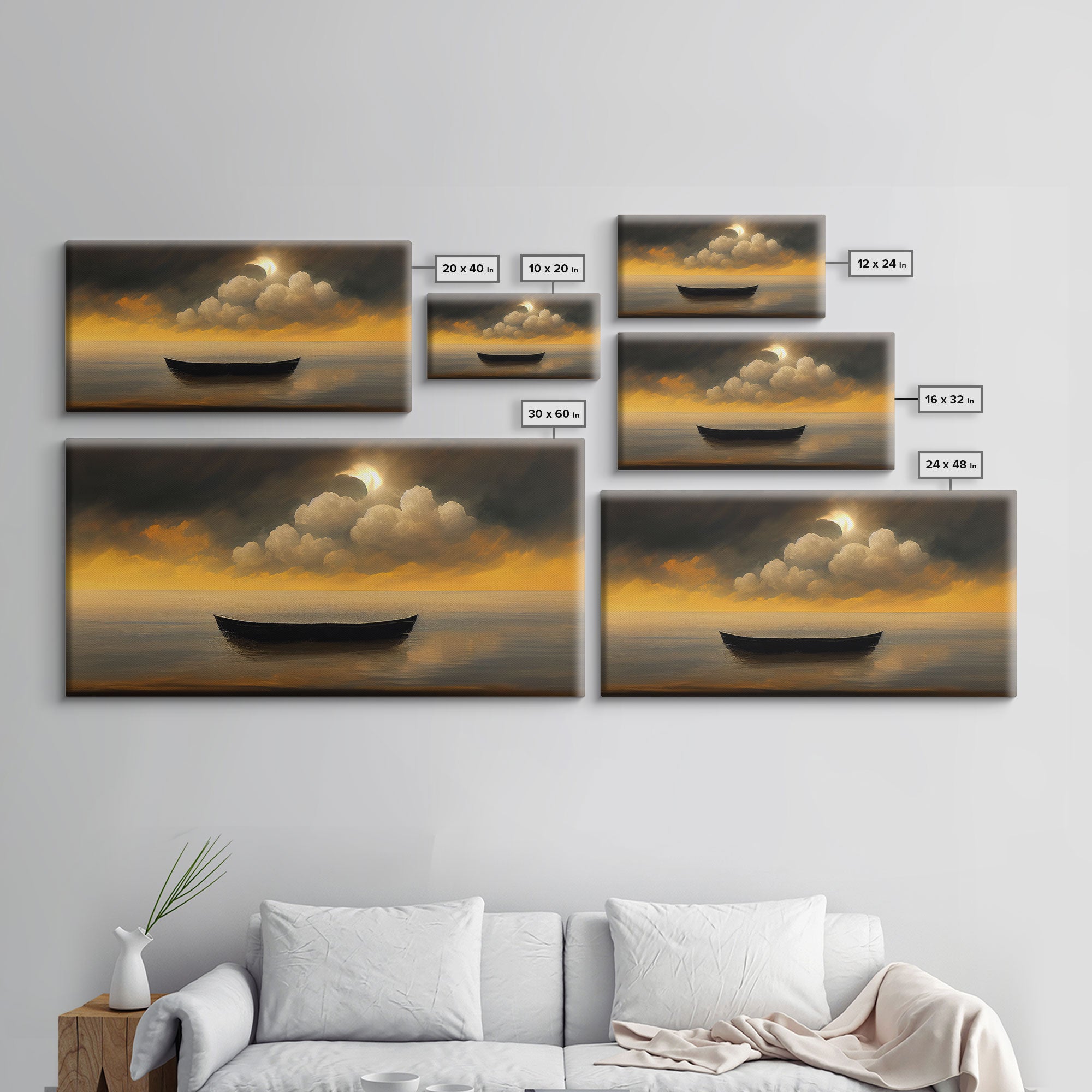 Row boat on a lake canvas print, sunset, watercolor, nature panoramic canvas print