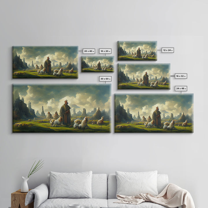 Shepherd and his flock, sheep painting, farmhouse art, watercolor canvas print, Giclee print