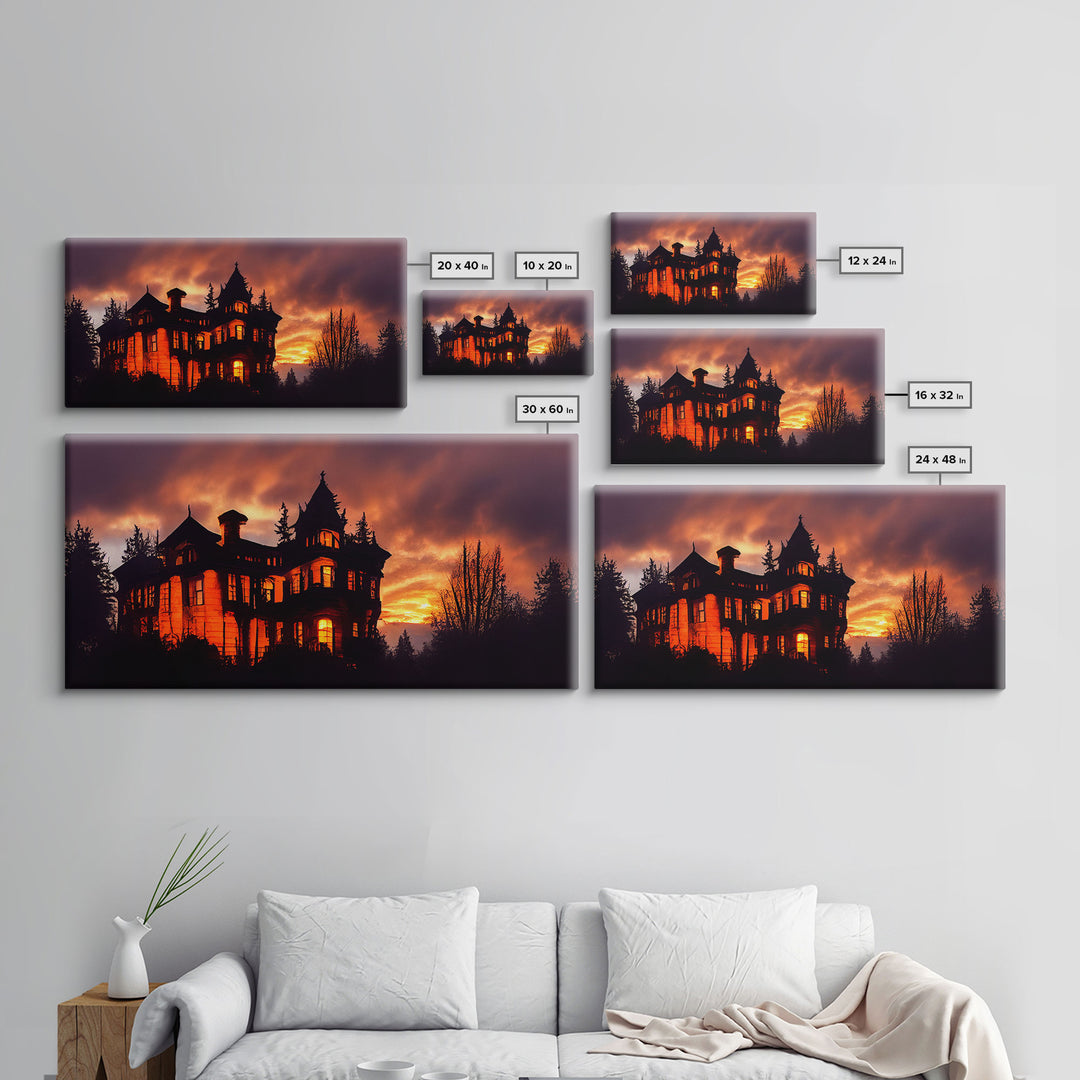 Spooky Halloween Wall Art, Haunted House Canvas Print, Ready to hang canvas, orange creepy house at night, Wall Decor