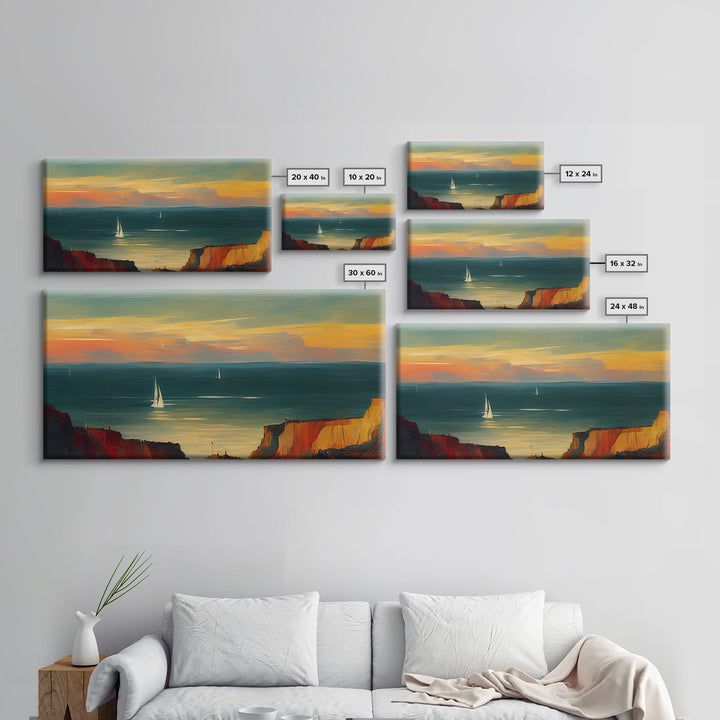 Canvas print of sail boats on the ocean, sailing at sunset, cool lakehouse art, living room wall art, sailboats, watercolor