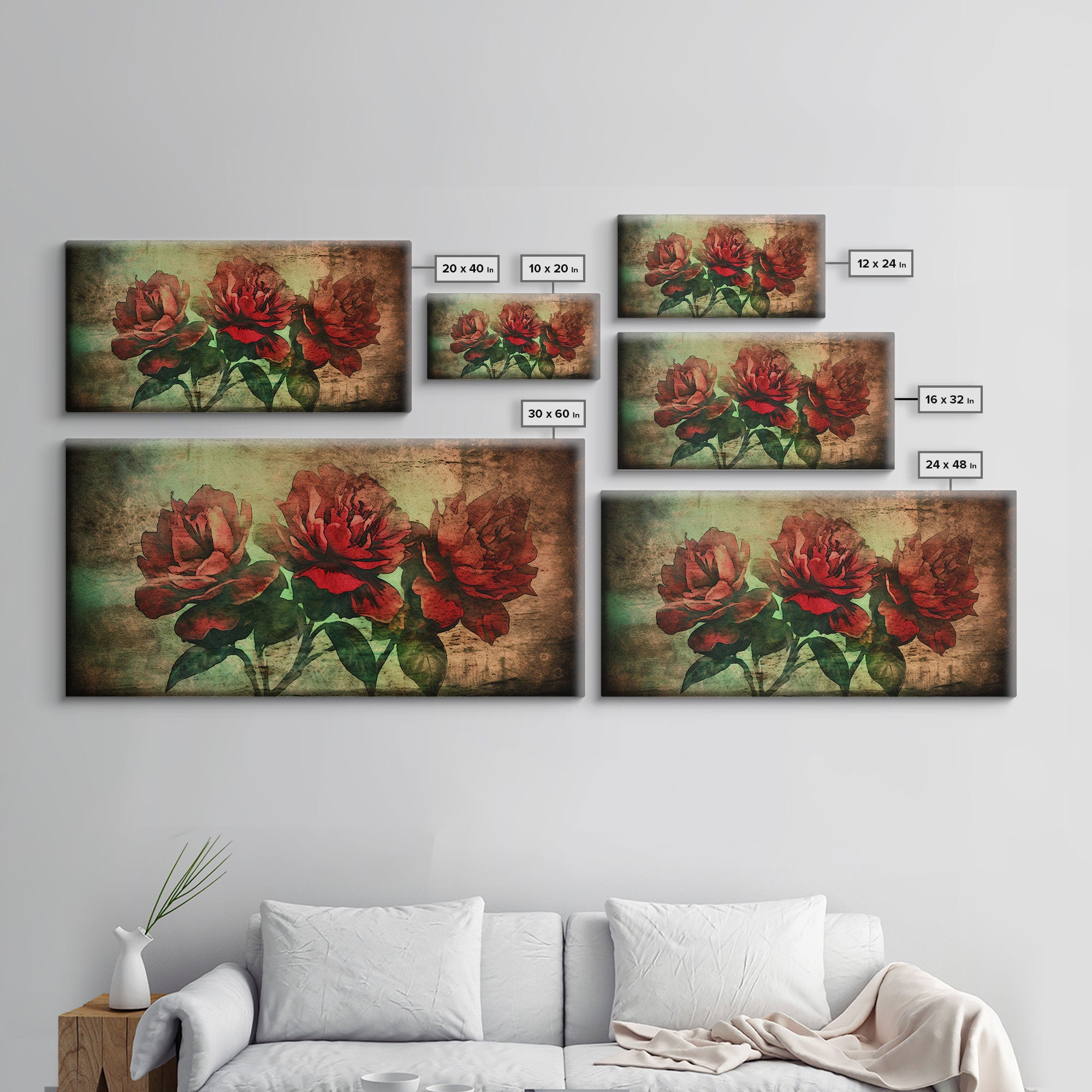 Roses Wall Decor, Floral Wall Art, Three Roses, Nature Print, Panoramic Wall Decor, Canvas Print, Wall Art, Framed Canvas Art