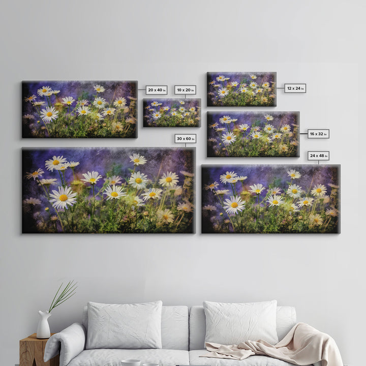 Wildflowers Wall Decor, Floral Wall Art, Nature Print, White Daisies, Panoramic Wall Decor, Canvas Print, Wall Art, Framed Canvas Art