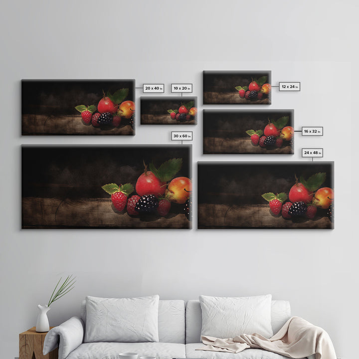 Fruits Wall Art, Food Art, Strawberries, Peach, Kitchen Wall Decor, Panoramic Wall Decor, Canvas Print, Wall Art, Framed Canvas Art