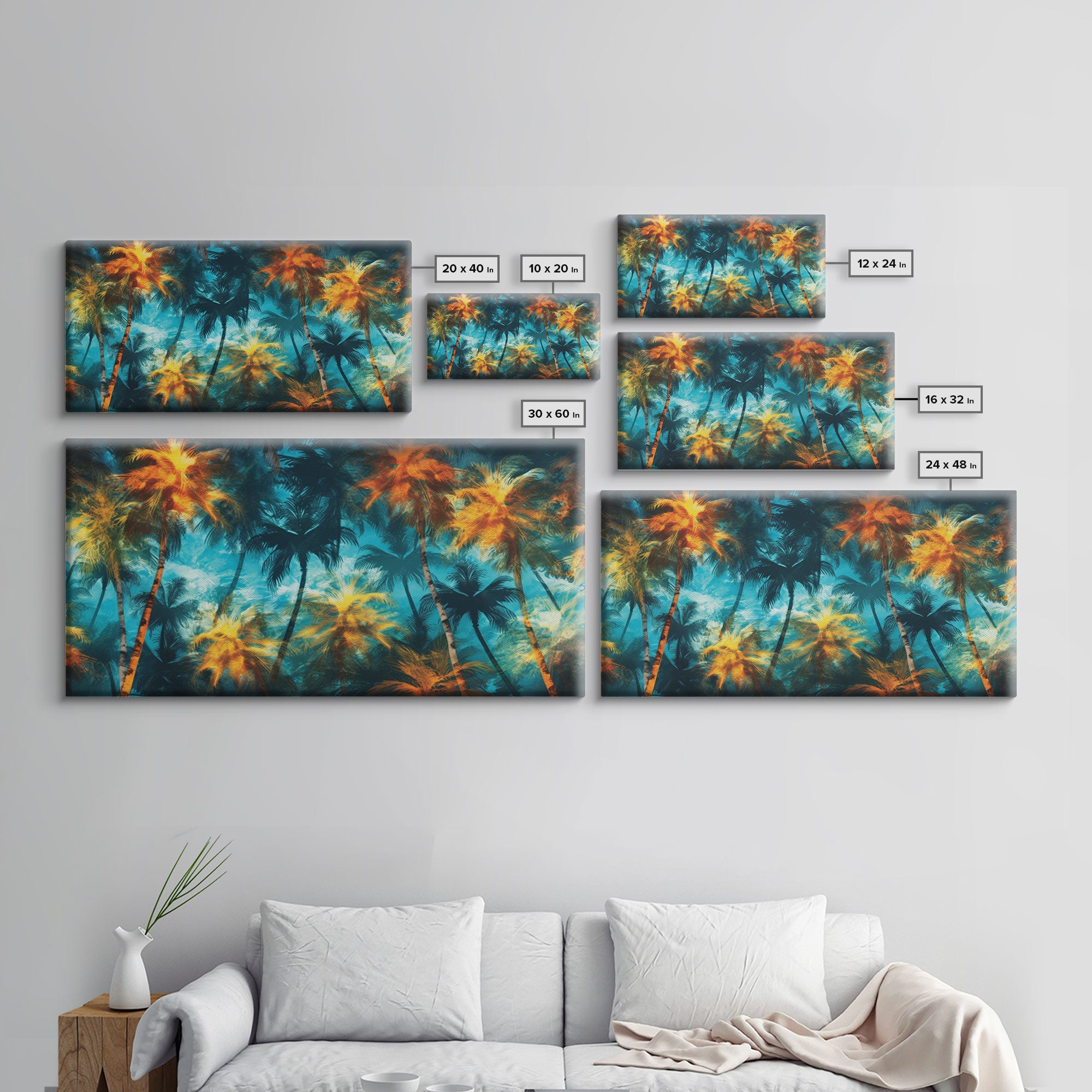 Abstract Tropical Wall Art, Palm Trees Wall Decor, Blue Abstract Art, Panoramic Wall Decor, Canvas Print, Wall Art, Framed Canvas Art