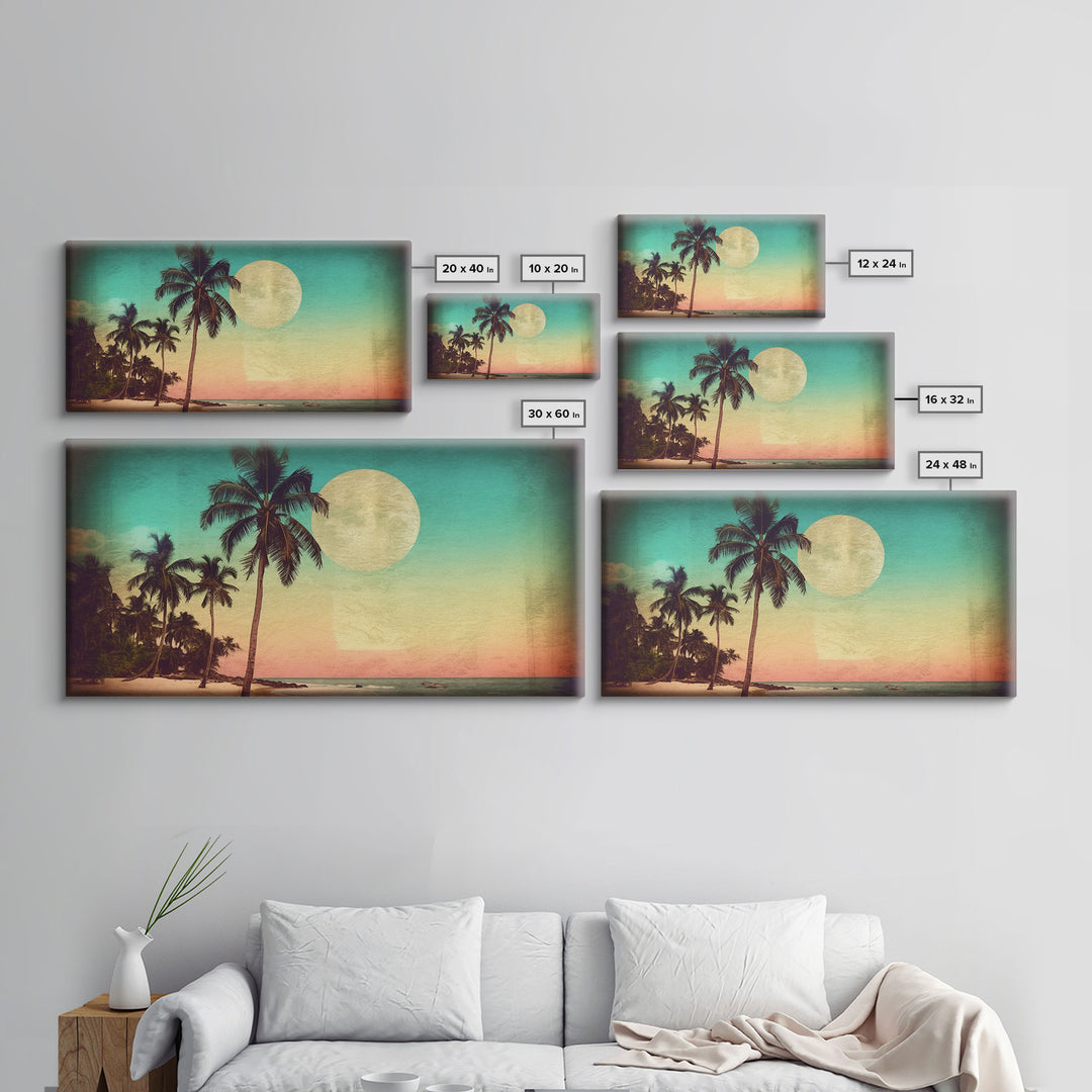 Sunset Over Beach Wall Decor, Tropical Wall Art, Palm Trees Art, Panoramic Wall Decor, Canvas Print, Wall Art, Framed Canvas Art