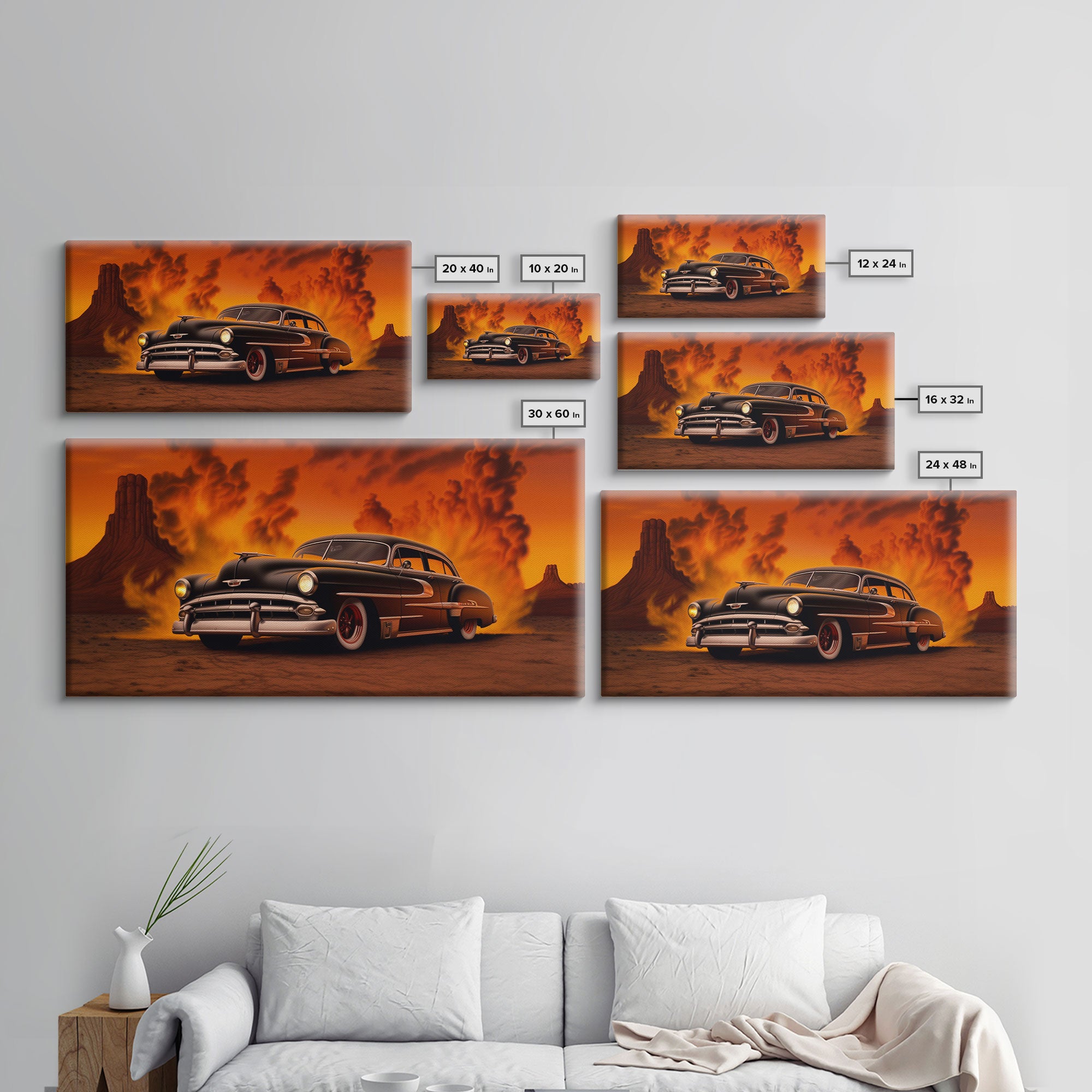 Chevy Classic Car Wall Decor, Retro Car Wall Decor, Desert Landscape Art, Panoramic Wall Decor, Canvas Print, Wall Art, Framed Canvas Art