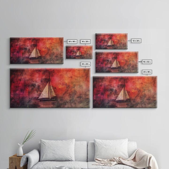 Abstract Sailboat Wall Decor, Ocean Wall Art, Boat Wall Art, Red Wall Decor, Panoramic Wall Decor, Canvas Print, Wall Art, Framed Canvas Art