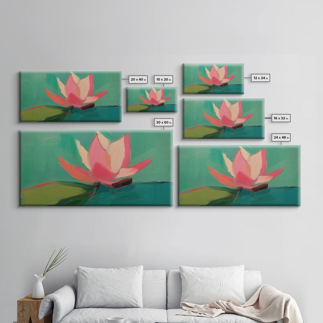 Pink Water Lily Wall Art, Pink Flower, Nature Wall Decor, Oil Painting, Panoramic Wall Decor, Canvas Print, Wall Art, Framed Canvas Art