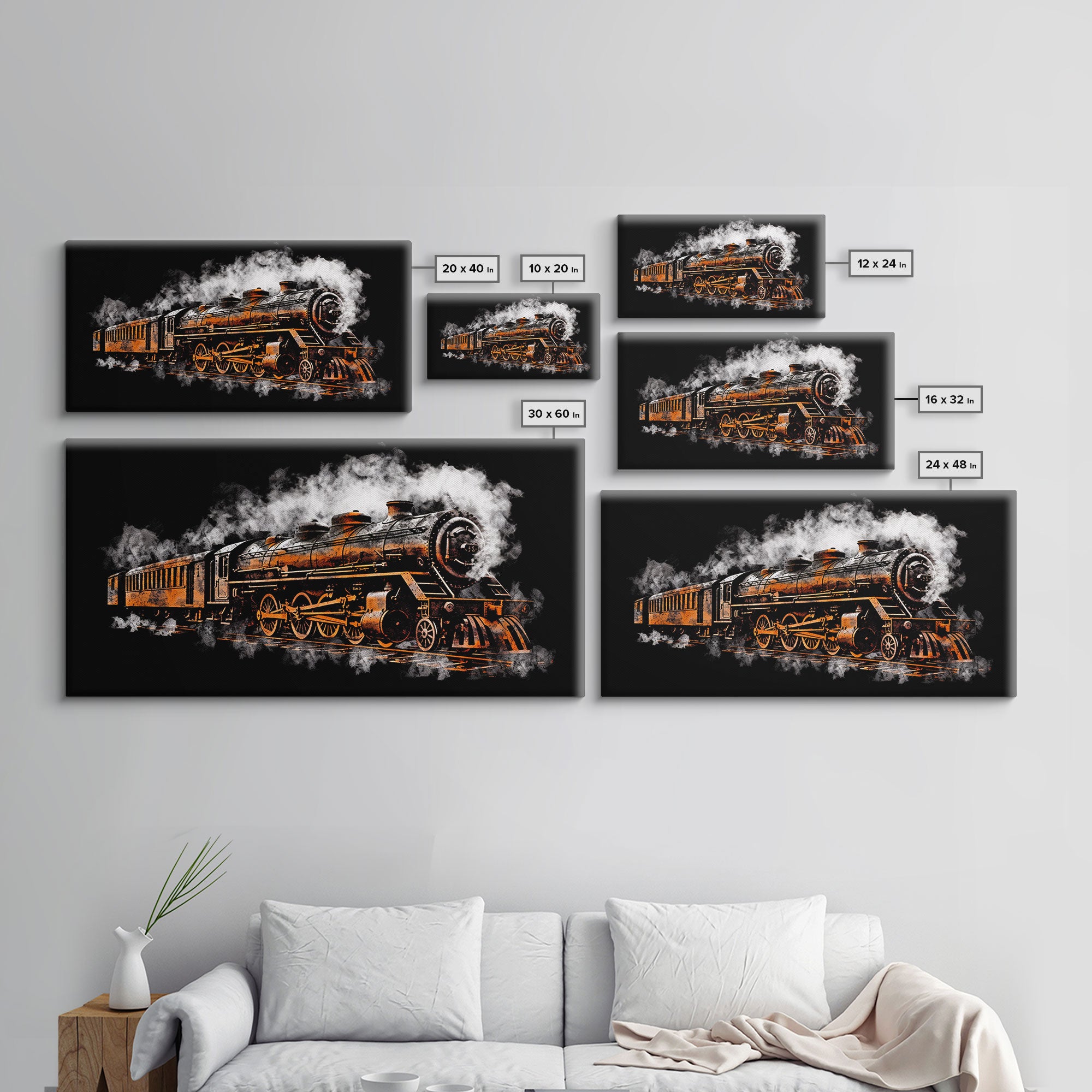 Locomotive Wall Decor, Orange Steam Train Wall Art, Retro Train Wall Art, Panoramic Wall Decor, Canvas Print, Wall Art, Framed Canvas Art