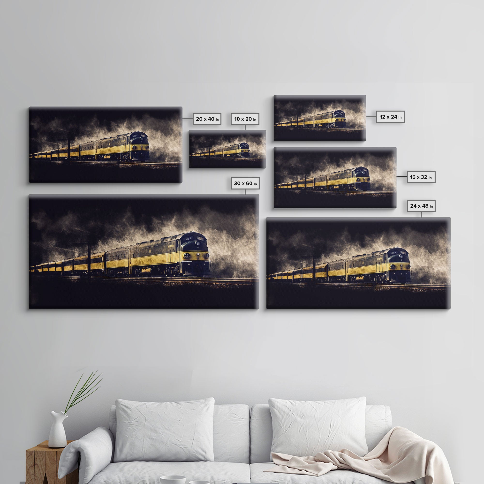 Black Yellow Locomotive Wall Decor, Railroad Wall Decor, Railway Wall Art, Panoramic Wall Decor, Canvas Print, Wall Art, Framed Canvas Art