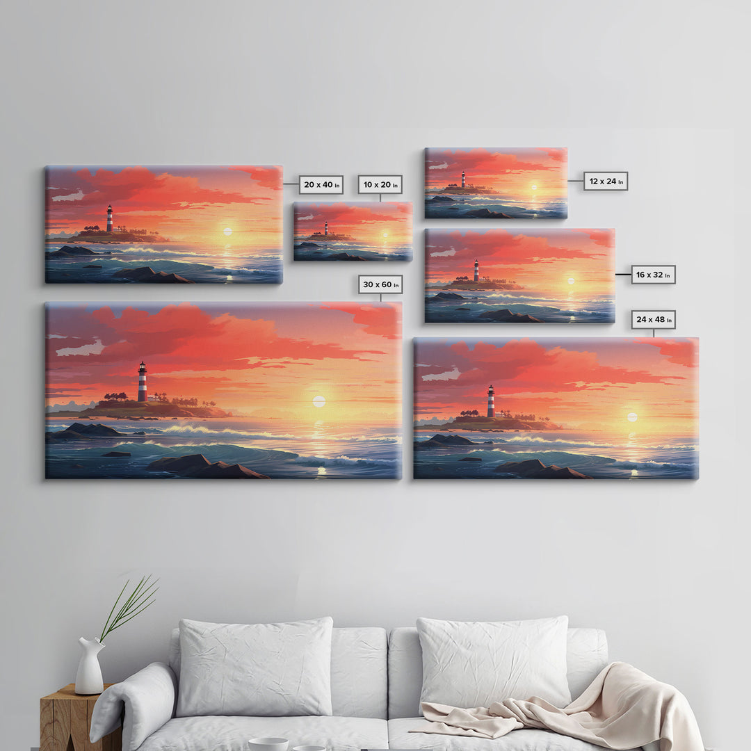 Lighthouse Decor, Nautical Wall Art, Ocean Wall Art, Sunset Wall Print, Panoramic Art, Wall Art, Canvas Art, Landscape Art, Apartment Art