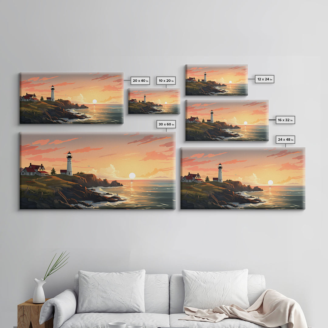 Lighthouse Painting, Nautical Wall Art, Sunset Wall Print, Panoramic Art, Wall Art, Canvas Art, Landscape Art, Above Couch Wall Art, Prints