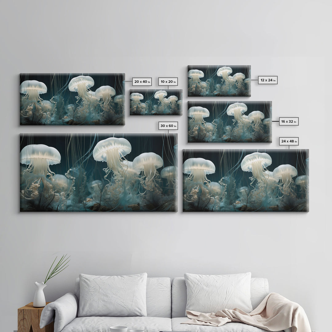 Jelly Fish  Art, Ocean Wall Art, Nautical Wall Art, Panoramic Art, Wall Art, Canvas Art, Landscape Art, College Dorm Decor, Above Bed Art