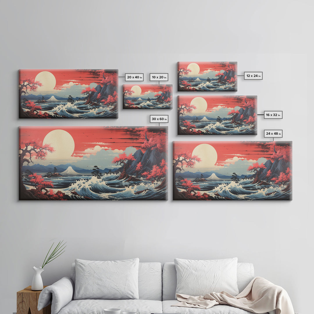 Japanese Art, Sun Wall Art, Ocean Wall Art, Japanese Landscape, Panoramic Art, Wall Art, Canvas Art, Landscape Art, Game Room Decor, Prints