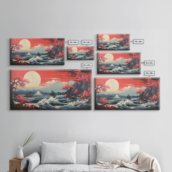 Japanese Art, Sun Wall Art, Ocean Wall Art, Japanese Landscape, Panoramic Art, Wall Art, Canvas Art, Landscape Art, Game Room Decor, Prints