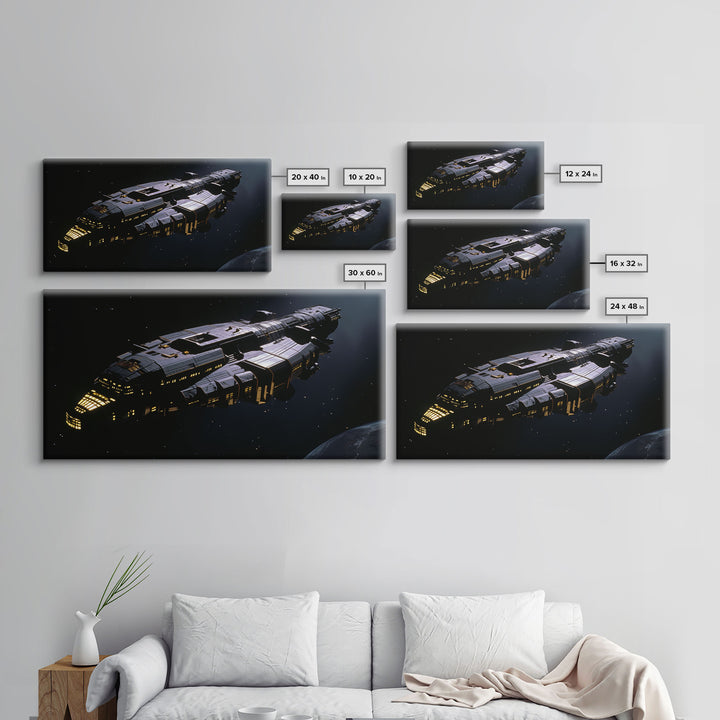 The Frigate, Cool Scifi Wall Art, Scifi Art, Framed Canvas Print, Gull Wing Space Ship, Unique Art, Alien Wall Art