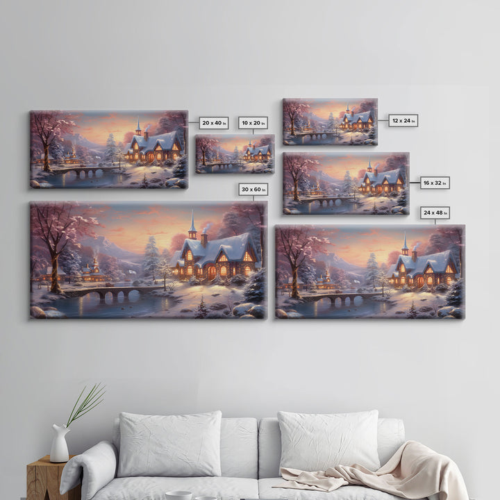 Winter Art, Framed Canvas Print, Cute Whimsical Victorian Village In Winter Painting, Home Decor, Contemporary Modern Art