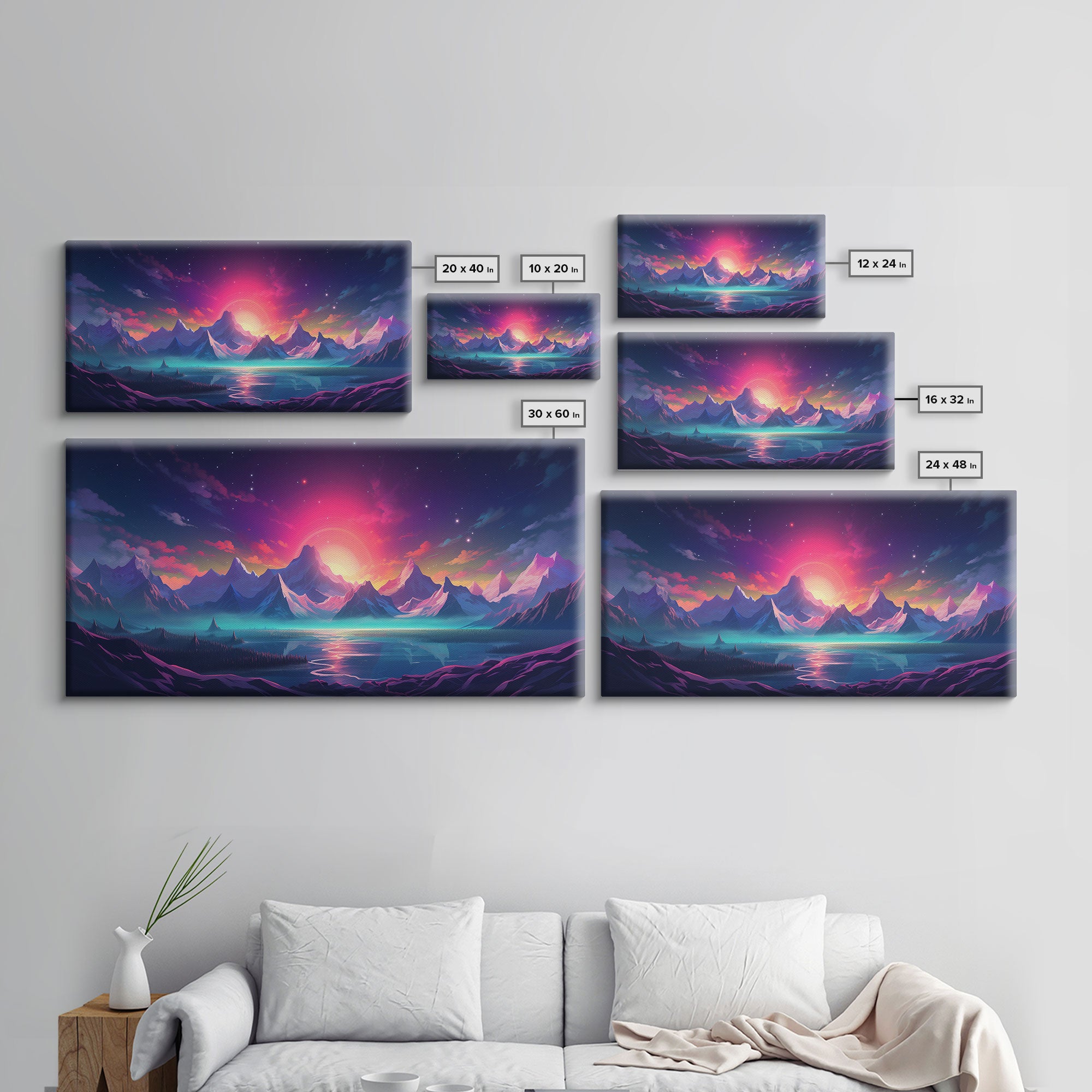 Synthwave Art, Framed Canvas Print, Beautiful Scifi Mountains Wall Art, Alien Planet, Game Room Decor, Gamer Gift For Him