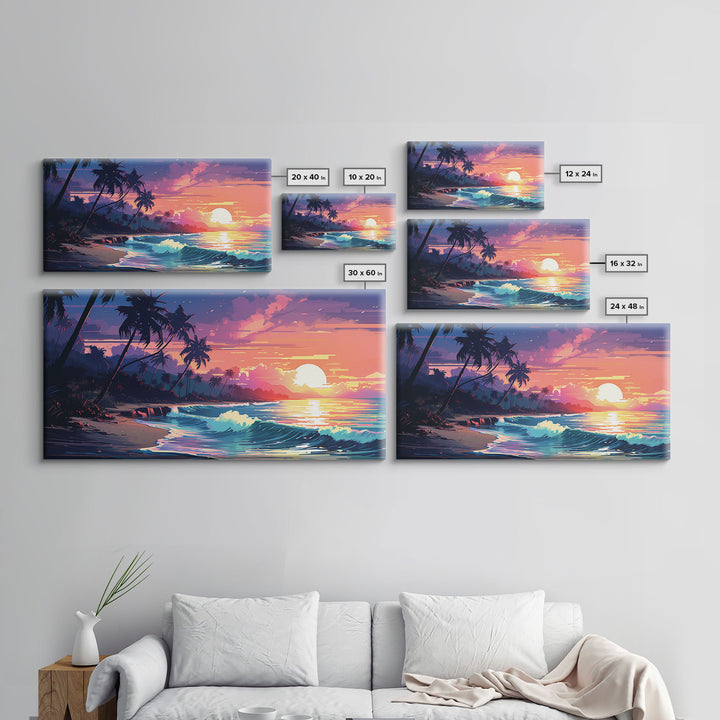 Outrun Vibes, Sunset Over The City and Beach, Palm Tree Decor, Game Room Art, Aesthetic Posters, Retro Art, 80s Vibes, 80s Art