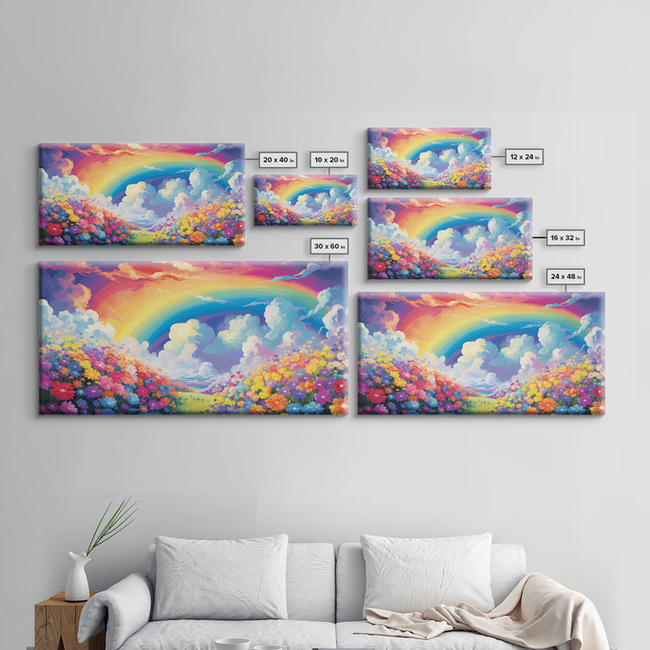 Rainbow Wall Decor, Spring Meadow Print, Wildflower Meadow, Panoramic Art, Wall Art, Canvas Art, Landscape Art, Nursery Wall Art, Kids Art