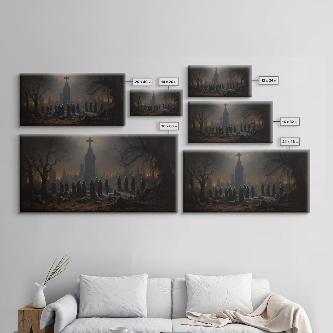 The Haunted Cemetery, Moody and Gloomy Art, Framed Canvas or Poster, Victorian Oil Painting, Dark Academia, Graveyard At Midnight