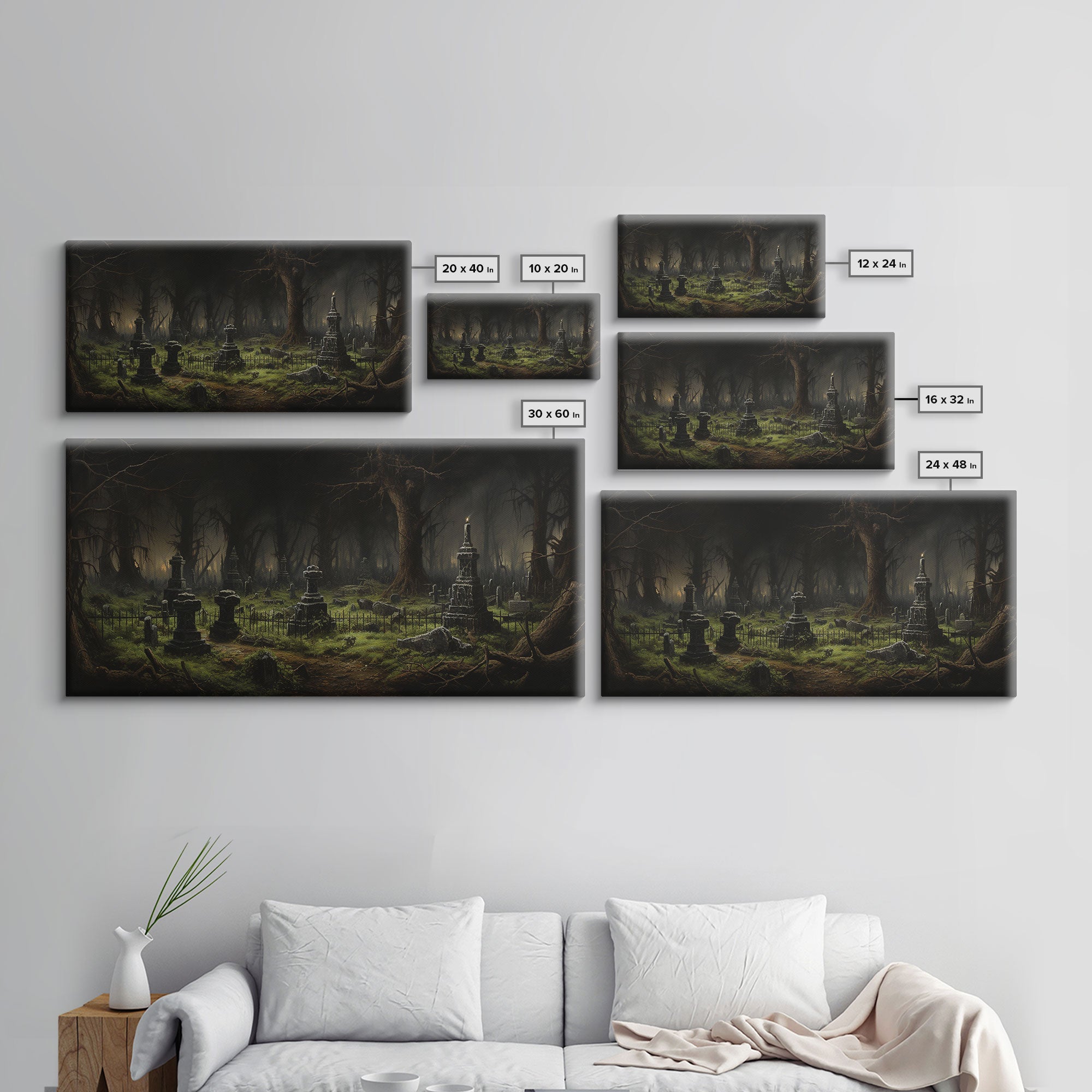 The Haunted Cemetery, Moody and Gloomy Art, Framed Canvas or Poster, Victorian Oil Painting, Dark Academia, Graveyard At Midnight