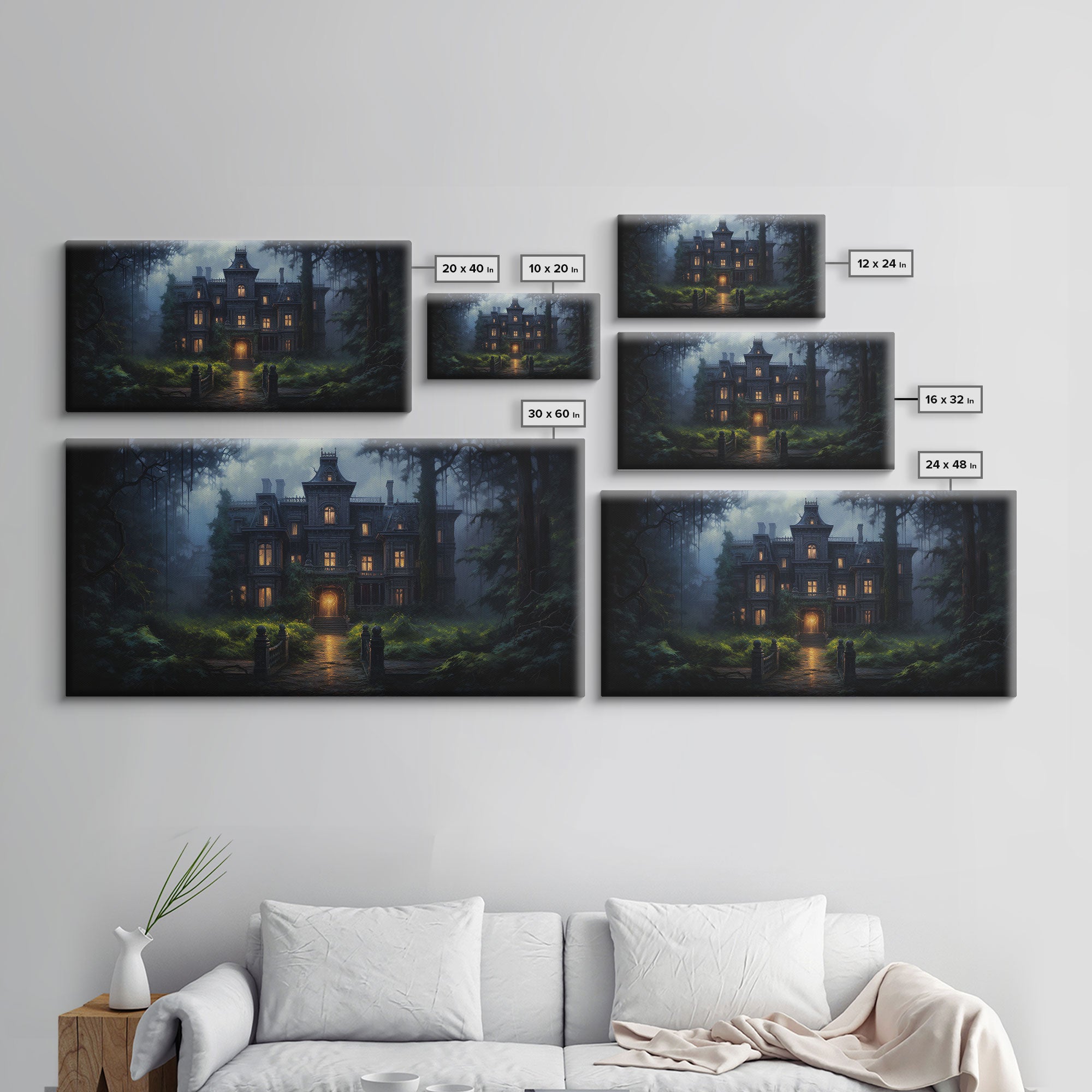 The Haunted House, Spooky Halloween Art, Haunted Victorian Mansion Framed Canvas Print, Horror Prints