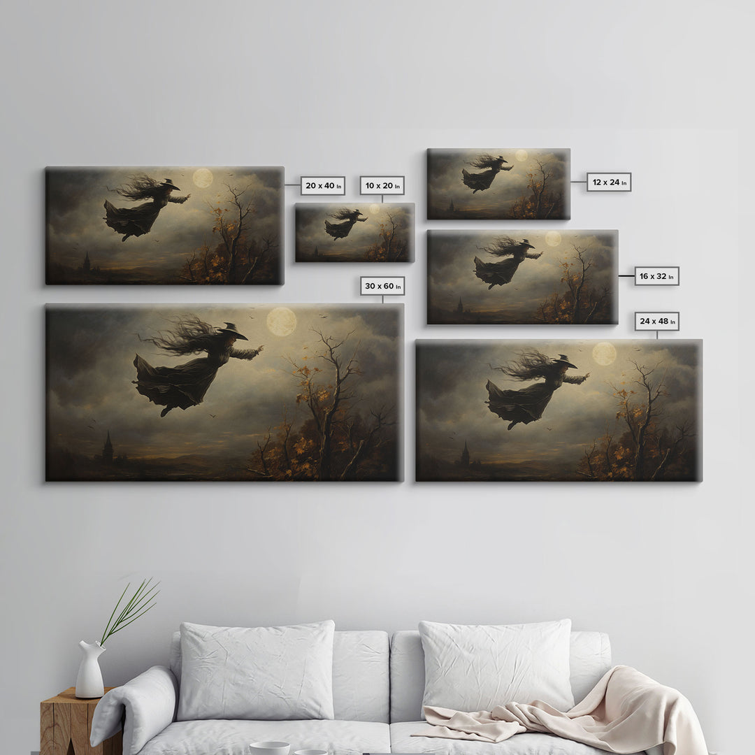 The Flying Witch, Framed Canvas Print, Halloween Wall Art, Horror Prints, Halloween Decoration