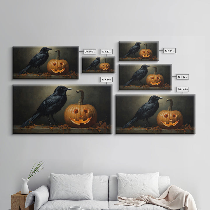 Halloween Decor, Spooky Crow Print, The Raven and The Jack O Lantern, Halloween Wall Art, Victorian Oil Painting, Dark Academia, Goth Art