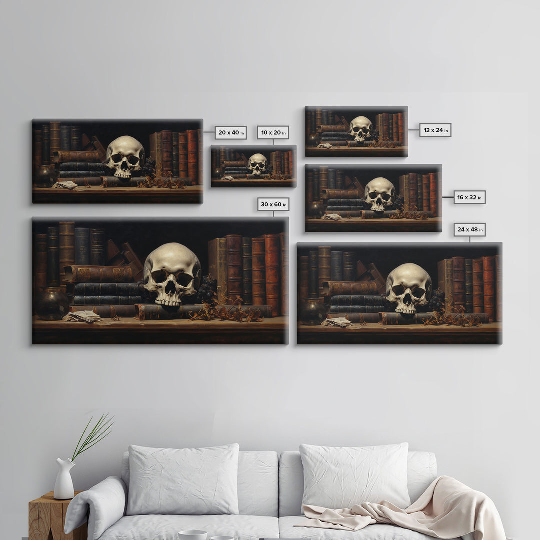 Victorian Gothic Library Art, The Skull On The Shelf, Framed Canvas Print, Halloween Decor, Halloween Art Print