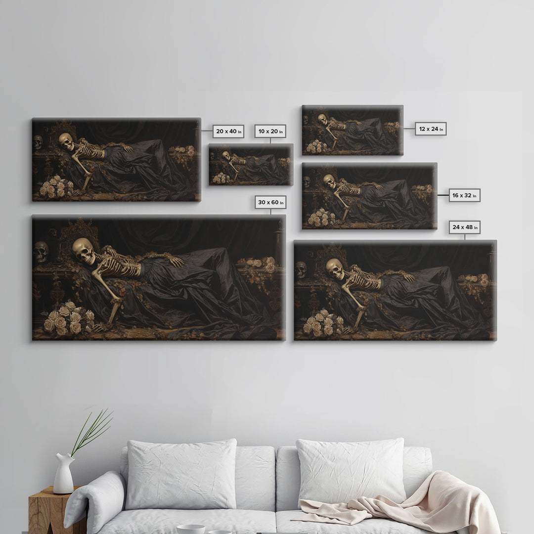 Eternal Slumber, Framed Canvas Print, Creepy Victorian Oil Painting, Halloween Art Prints, The Sleeping Skeleton Painting