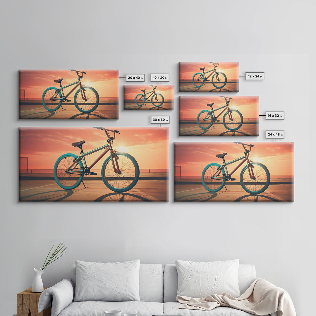 Vaporwave BMX Bike, Framed Canvas Print, Retro Wall Art, Sunset Photography, Bicycle Decor, Bike Rider Gift, Guy Gift