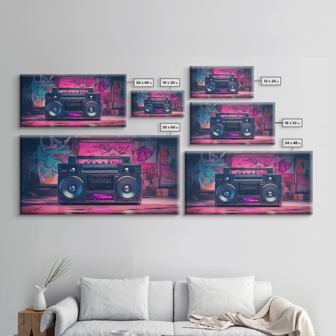 Vaporwave Boombox Wall Art, Framed Canvas Print, 1980s Inspired Home Decor, Retro Art, 80s Decor