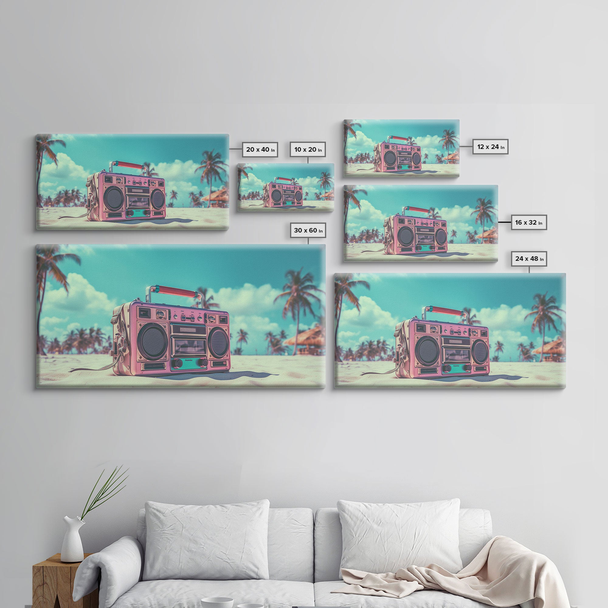 Vaporwave Boombox On The Beach Wall Art, Framed Canvas Print, 1980s Inspired Home Decor, Retro Art, 80s Decor, Aesthetic Decor