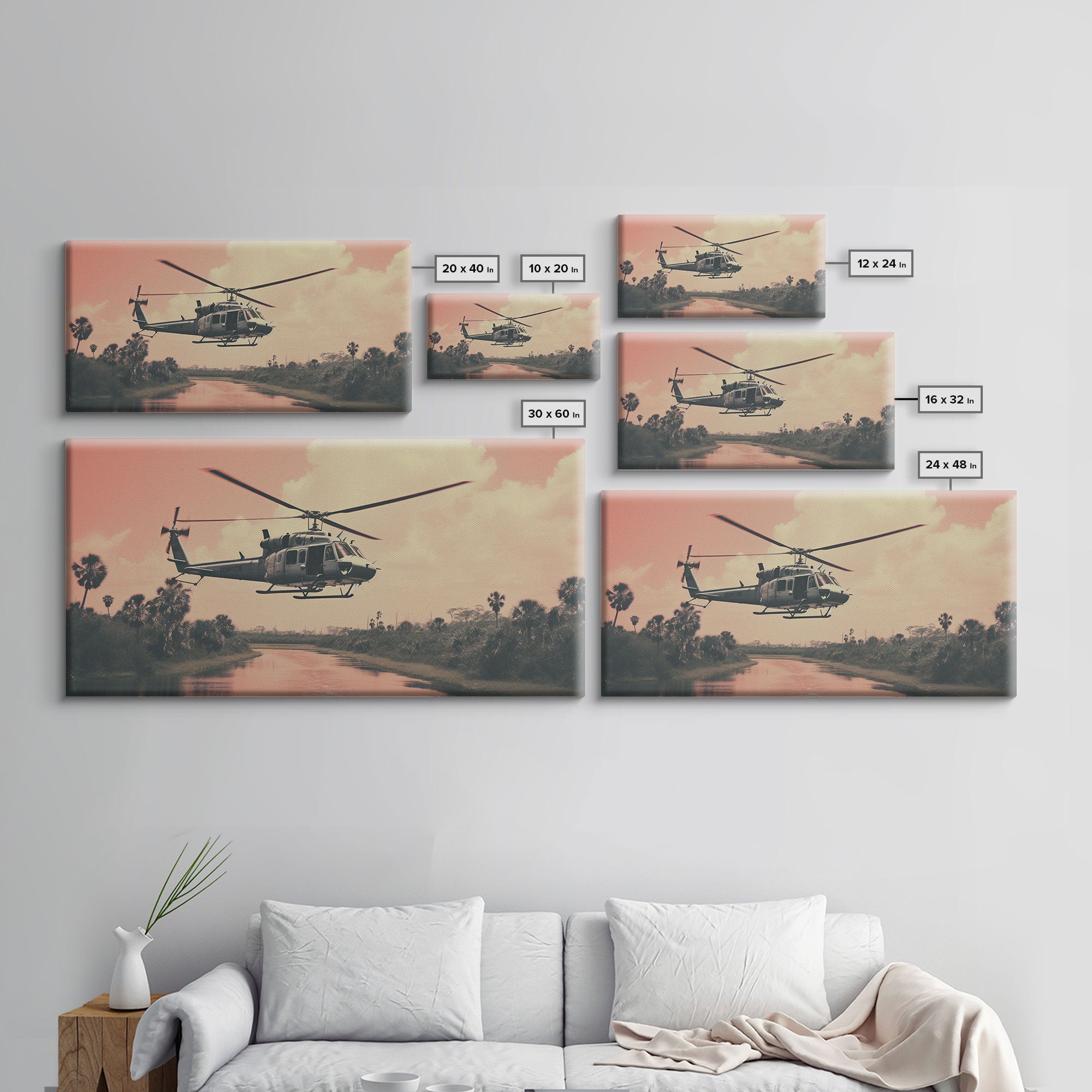 Vaporwave Huey Helicopter Over Vietnam, Framed Canvas Print, Military / War Art, Gift For Veteran, Hot LZ