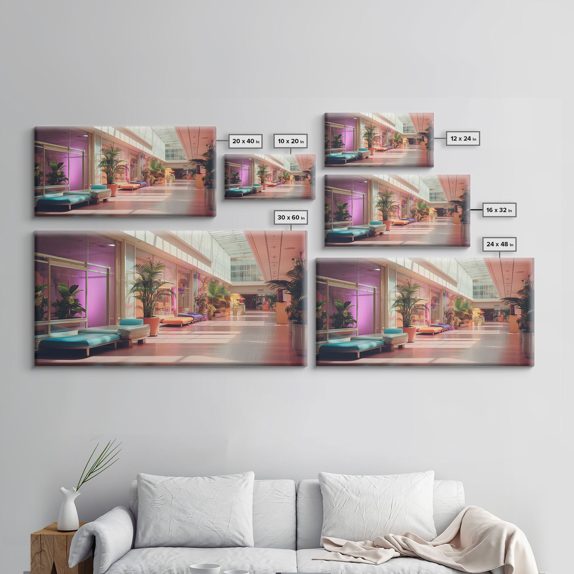 The Mall Before Opening On A Saturday Morning, Framed Canvas Print, Retro Vaporwave Aesthetic 1980s Vibes Wall Art